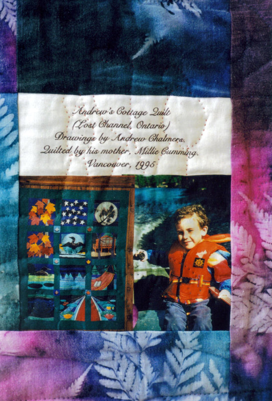 Label on Andrew`s cottage quilt